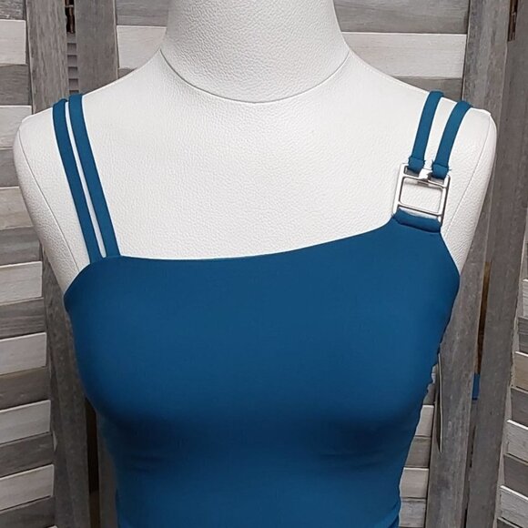 UPF 50 Double Strap Asymmetrical One Piece Swimsuit | Aqua Green | Medium - Picture 3 of 10
